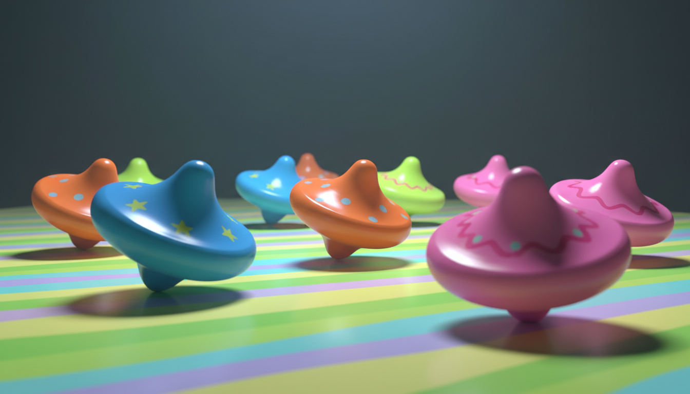 A vibrant display of whimsical 3D-printed spinning tops in a parade of glossy neons: electric blue, bold orange, and bubblegum pink, each with chunky, rounded silhouettes and cheerful surface patterns like stars, zigzags, and polka dots. They are arranged in playful motion, as if mid-spin, across a swirling, candy-colored striped tabletop that amplifies their movement. Dramatic, cool-toned spotlighting from overhead gives crisp, dynamic shadows and creates an energetic sense of movement. Captured from a low angle with a sense of motion blur on a couple of tops, the style is vivid and bold, capturing the kinetic, bright personality of the toy store in high-resolution 3d-model form.