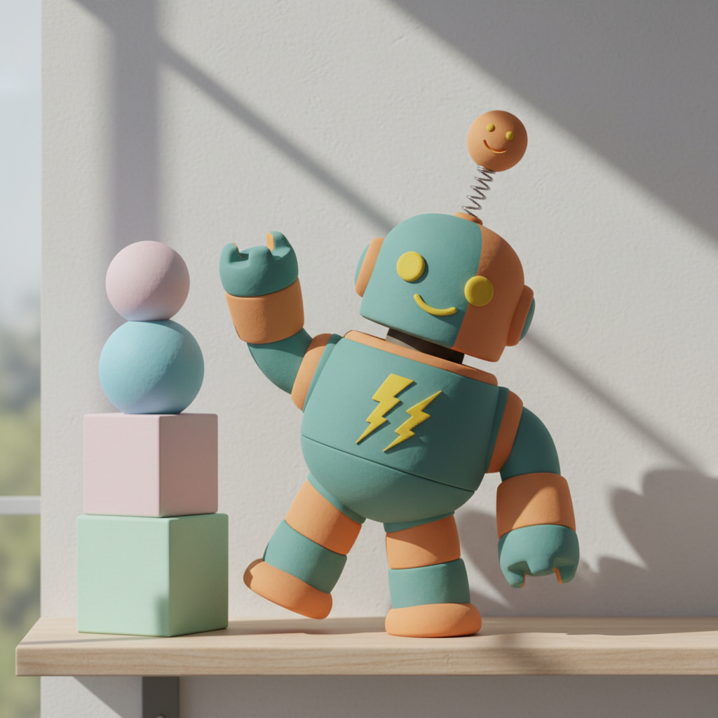A friendly 3D printed robot toy with oversized, rounded limbs painted in alternating shades of teal and orange, featuring a soft matte texture and simple, whimsical detailing such as lightning bolts on the chest and a playful antenna on its head. Positioned on a light wooden shelf next to a collection of stacked, pastel-colored spheres and cubes, the robot tilts slightly, as if prepared to wave hello. Soft, indirect sunlight floods the background, producing a sense of warmth and casting delicate, elongated shadows behind the robot. The composition is balanced and centered, shot eye-level to evoke approachability. The image exudes a joyful, quirky charm with a clean, contemporary 3d-model aesthetic, ideal for showcasing custom character toys in the store.