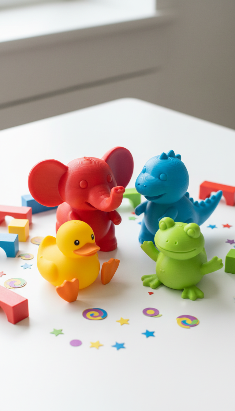 A cheerful scene featuring a cluster of vividly colored, 3D-printed toy animals including a glossy red elephant, a sky-blue dinosaur, a bright yellow duck, and a lime-green frog, each crafted from smooth biodegradable PLA plastic with gently rounded forms and playful, exaggerated features. Arranged in the center of a pristine white tabletop surrounded by scattered building block pieces and swirling confetti shapes, the toys catch soft, diffused daylight streaming in from an unseen window. The lighting produces gentle reflections and lively color pops across the scene, creating subtle, friendly shadows. Captured from a slightly elevated angle, the arrangement is vividly dynamic and filled with energy, with crisp focus highlighting the toys’ unique textures. The mood is upbeat, whimsical, and inviting, embodying the vibrant, colorful, 3d-model style that perfectly represents a playful 3D printed toy store homepage.