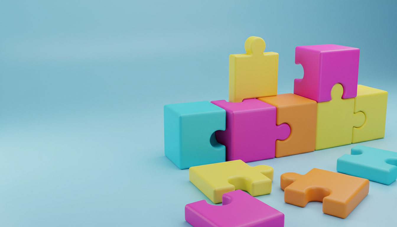 A close-up view of a set of interlocking, multicolored geometric puzzle pieces, each piece 3D printed with a smooth, matte finish in punchy hues of cyan, magenta, sunshine yellow, and tangerine orange. The tactile details, gently beveled edges, and rounded corners feel safe and accessible, displayed against a backdrop of a gently curving pastel blue surface. Bright studio lighting from the left side casts soft, glowing highlights along each puzzle piece, enhancing their vivid colors and highlighting the playful forms. The composition features an asymmetrical layout with a few scattered loose pieces in the foreground and sharp focus throughout, delivering an energetic, modern, and interactive atmosphere. This whimsical 3D-model rendering embodies the clever, hands-on playfulness of the store's offerings.